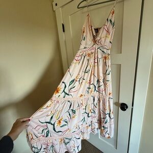 Angie Pink Floral V-Neck Maxi Dress with Green & Yellow Print